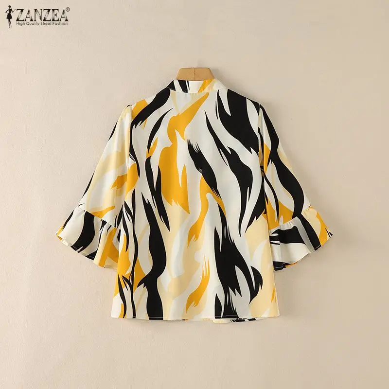 Women's Summer Bohemian All-Over Print Blouses Retro Mandarin Collar 3/4 Flare Sleeves Tops ZANZEA Elegant Loose Blusas de Mujer