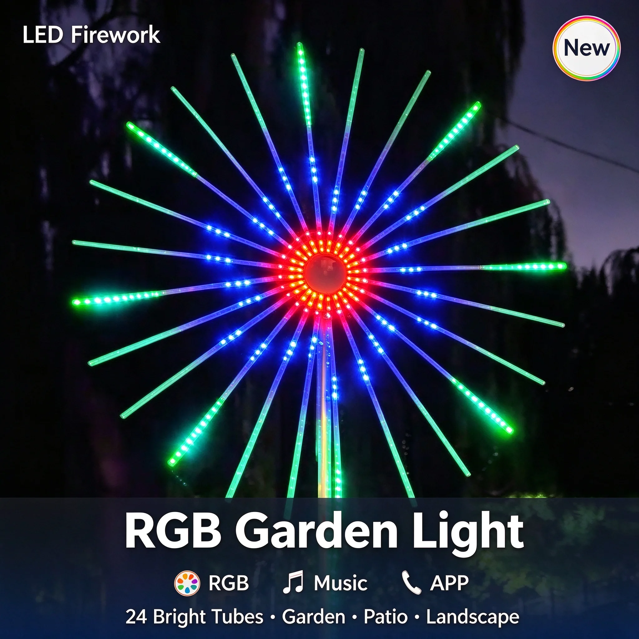 2026 Firework Lights, Sound Activated RGB Dancing, Waterproof, Dual Speakers, Tool-Free Setup, APP Control, Yard