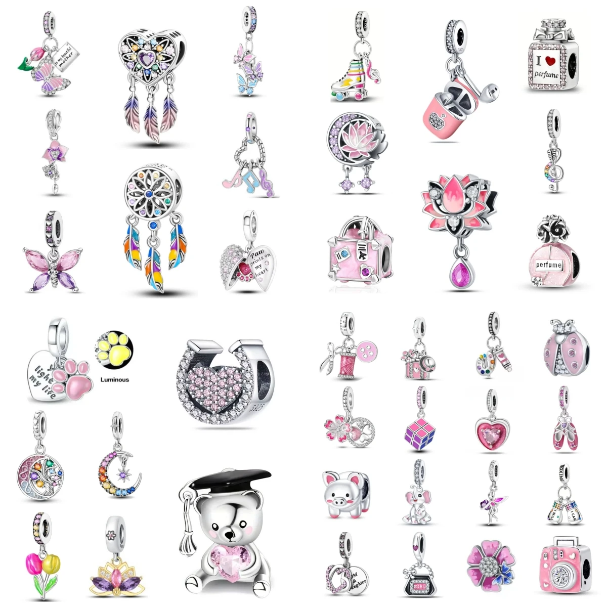 Exquisite 925 Silver Pink Perfume Lotus Clip Headset Lipstick Pendant,Fit European Original Bracelet DIY High-Grade Jewelry Gift