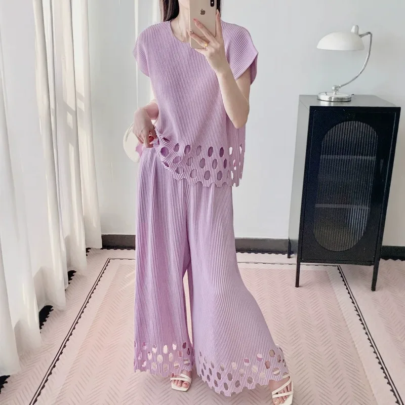 Pleated Hollow Lace T-Shirt Summer New Elegant Loose Short Sleeve Top Elastic Waist Draped Straight Pants Women Clothing