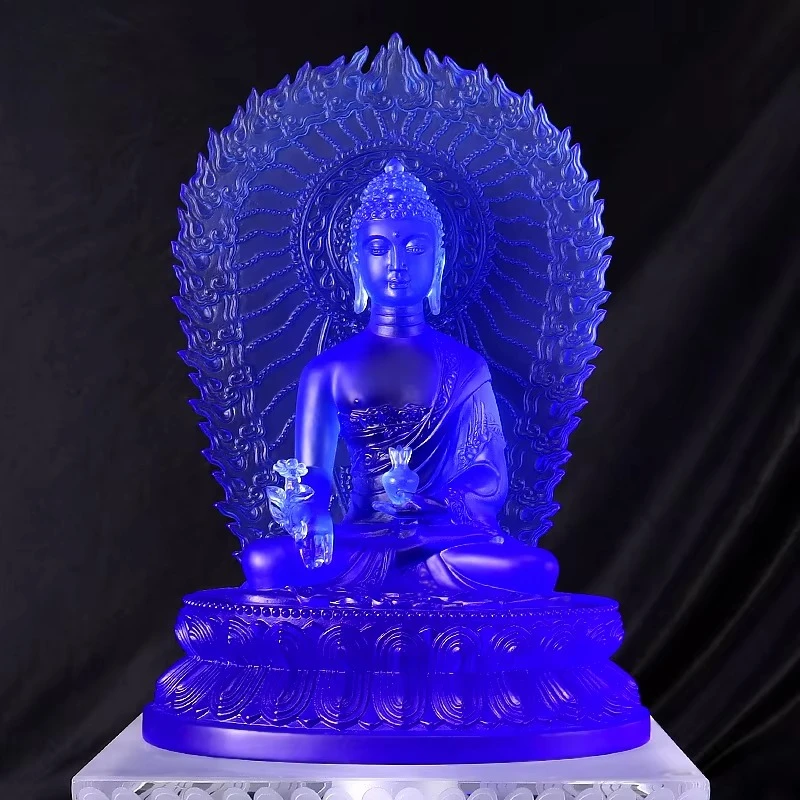 *&r Temple Herbalist Buddha Glass Medicine Figurine with Base Light Handmade ArtFamily Jiangsu for Home Hall