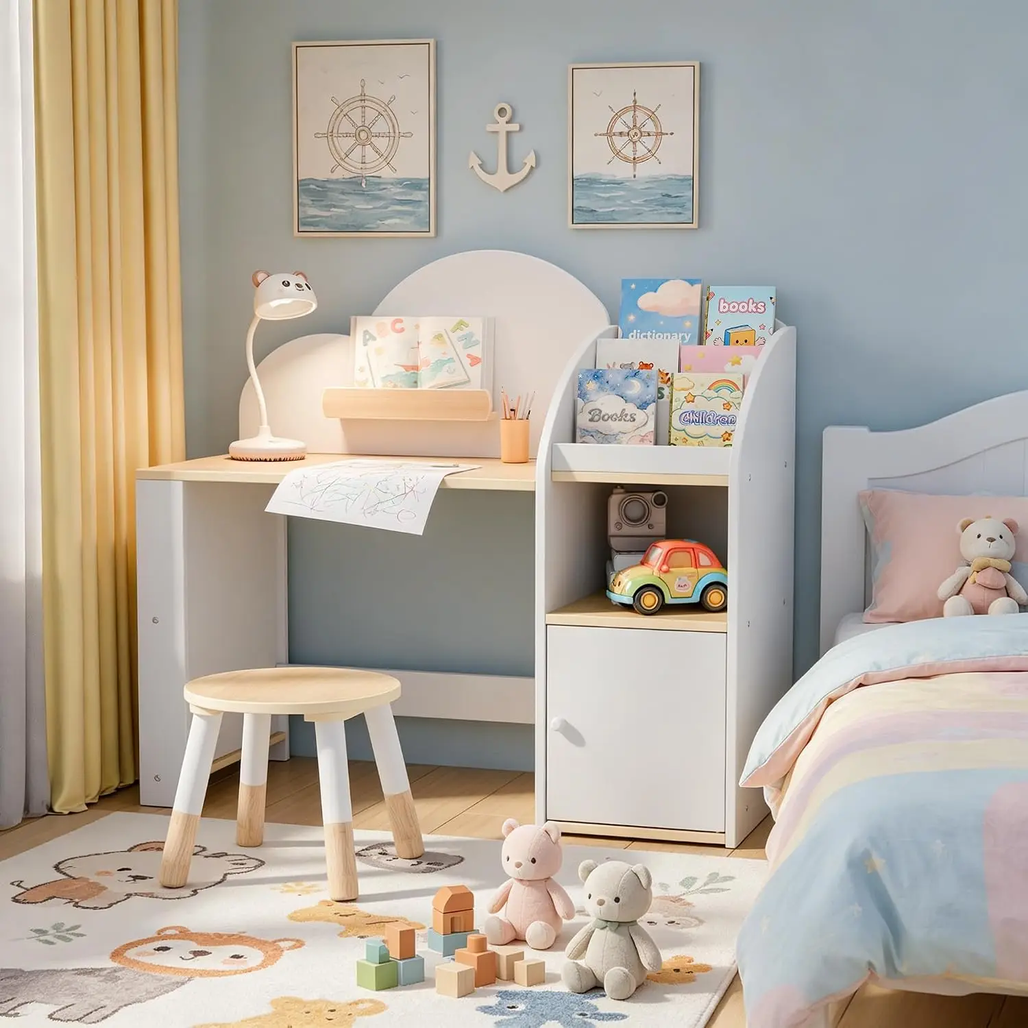 Kids Study Desk & Chair Set with 2 Bookshelves & Storage Cabinets, Wooden Student Table & Stool for Ages 3-8, Customized view 4
