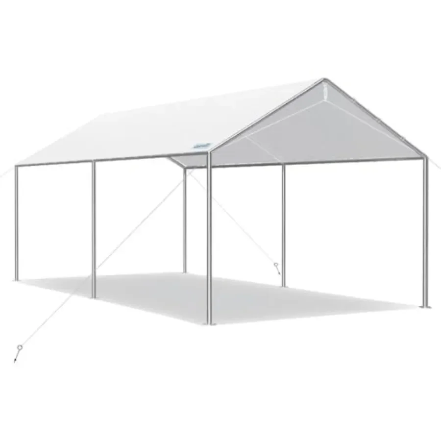 Outdoor car canopy for vehicle shelter, galvanized steel frame, silver-gray, heavy-duty with 3 reinforced steel cables