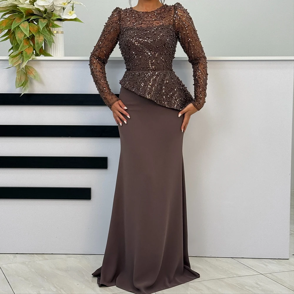 

Customized A-line Evening Dresses Floor-length O-neck Full Sleeve Prom Gown Fashion Beading Sequined Simple Draped Party Gown