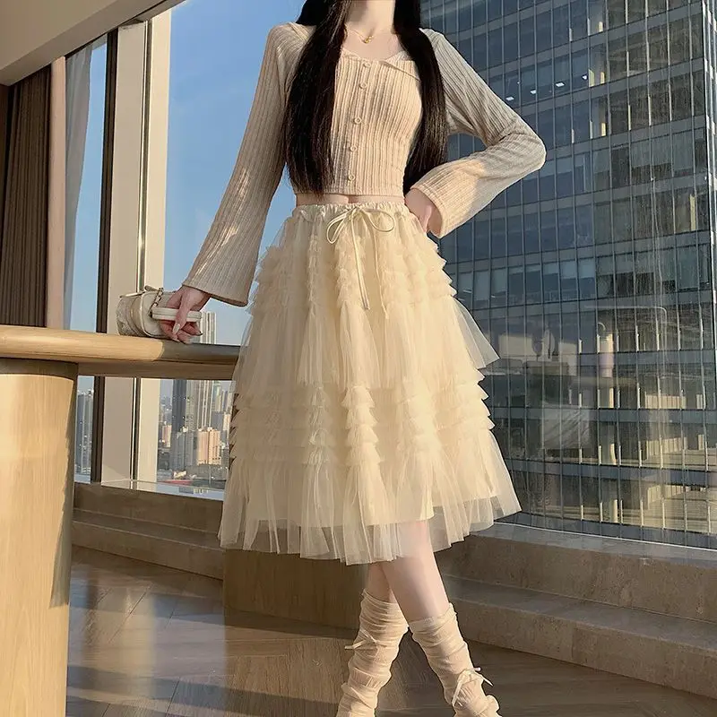 Romantic Layered Tulle Cake Skirt Spring Summer New Gentle Cream Color Fairy Half Skirt Women Casual High Waist Polyester Ela...