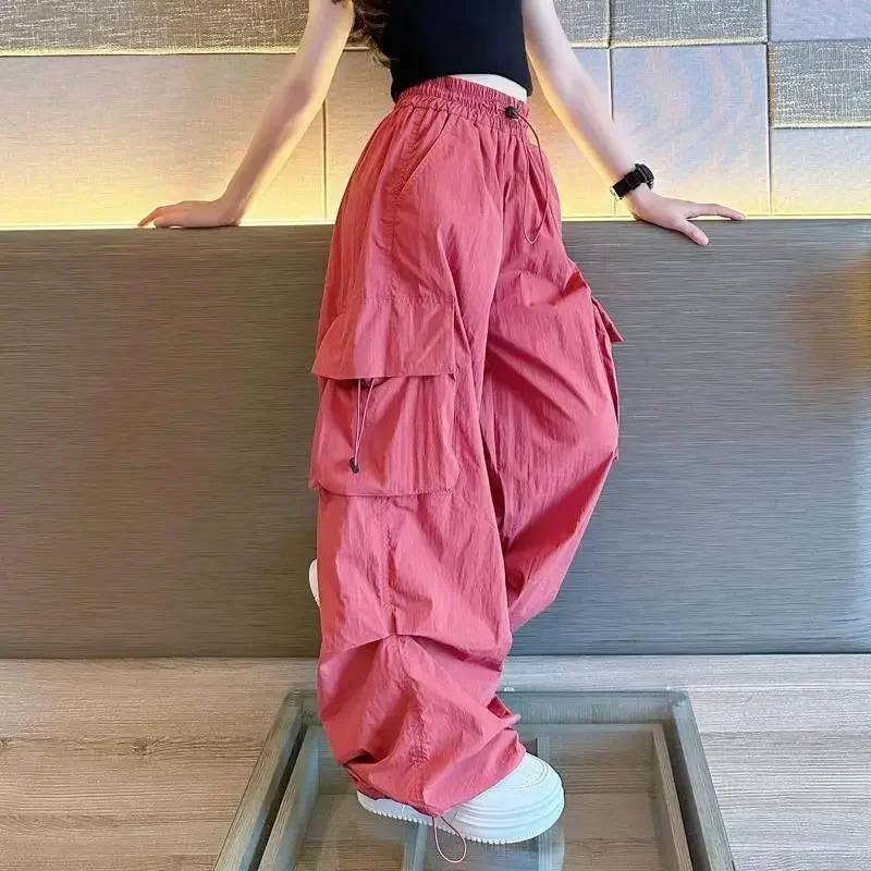 2025 nieuwe meisjesbroeken kinderen hiphop joggers coole cargokleding tiener rechte broek hoge taille vintage casual str abc