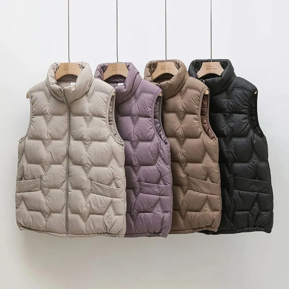 Down Vest Jackets For Women New Autumn Winter Ultra Light Stand Collar Beige Sleeveles Cotton Coat Parka Ladies Warm Waistcoat