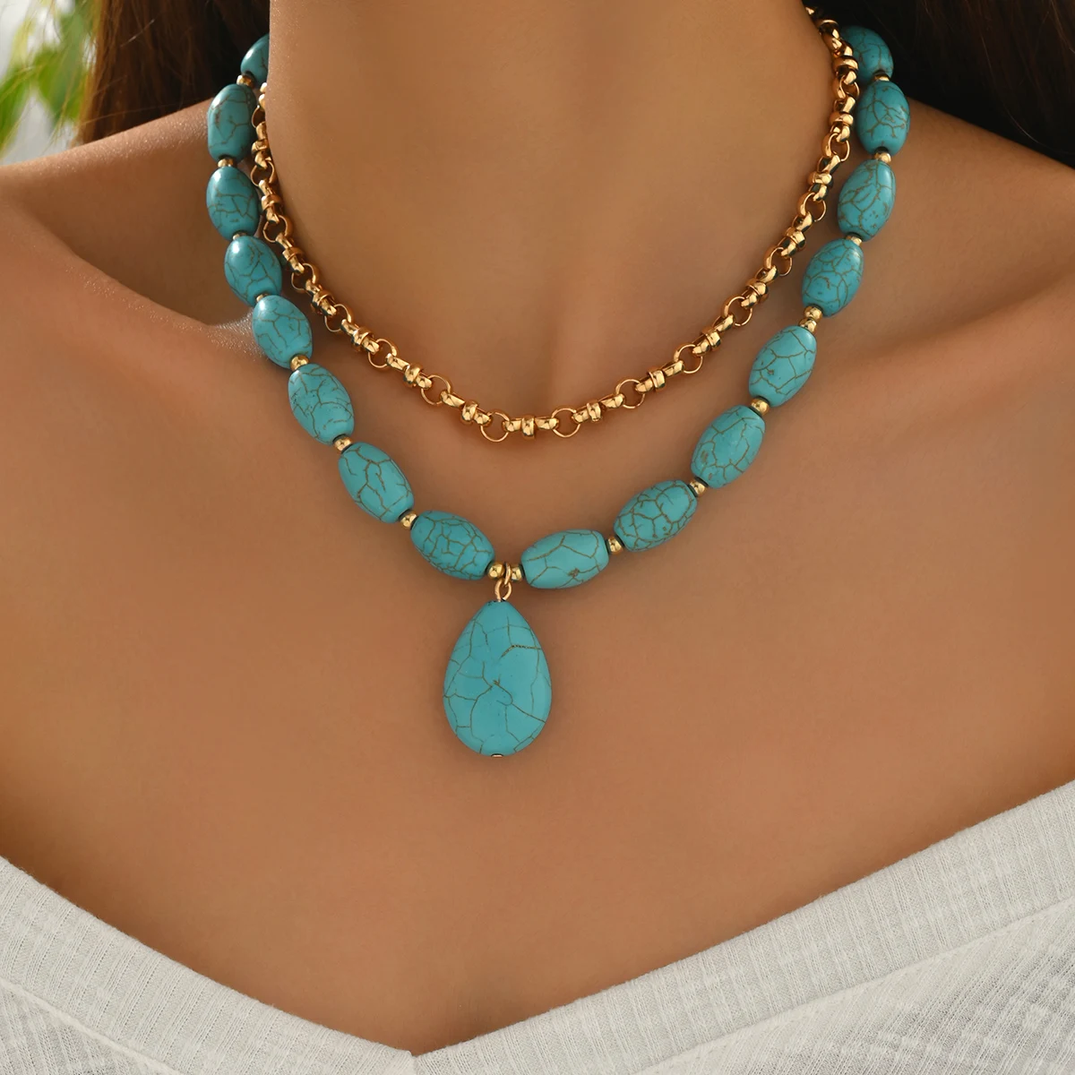 2PCS Layered Turquoise Beaded Choker Necklace Oval Pendant Gold Tone Boho Western Summer Beach Jewelry