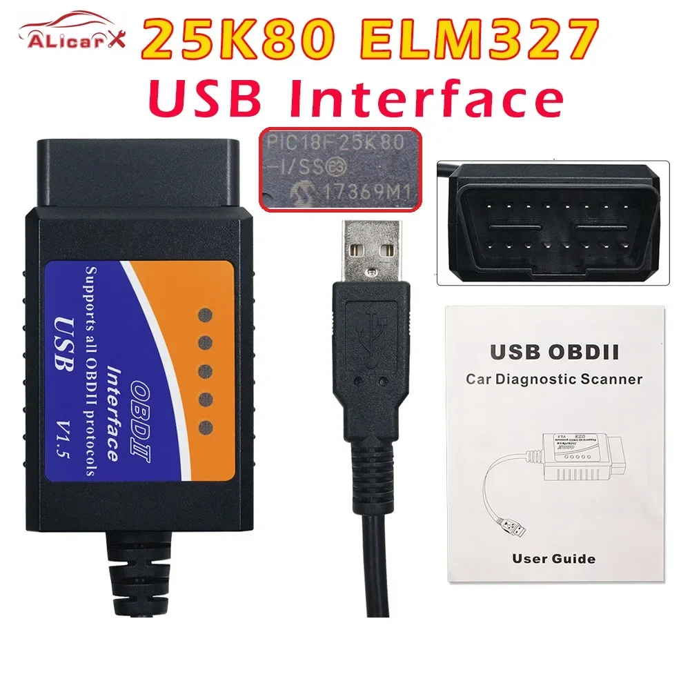 V1.5 USB ELM327 PIC18F25K80 Chip OBD2 Diagnostic Cable Auto Code Reader for Most OBD2 Protocols ELM 327 USB 25K80 car code clean