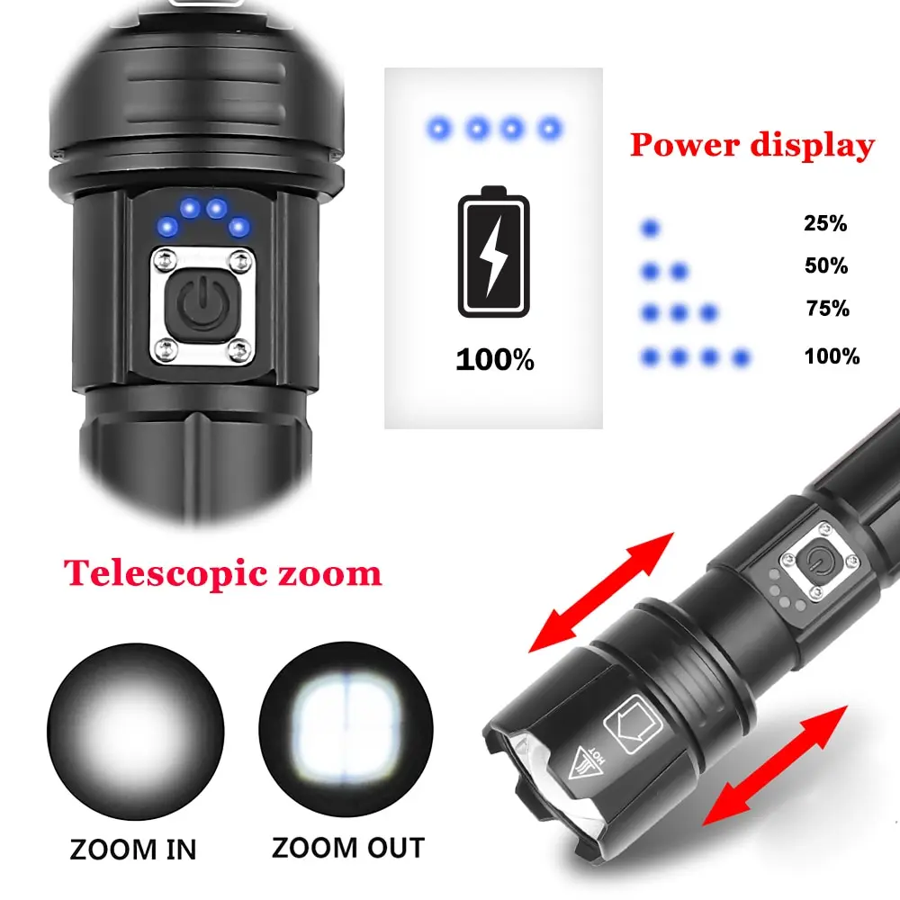 Mini Lanterna Tática XHP50 Bateria 26650/14500/18650 Bateria USB Recarregável Acessórios de Pesca Lanterna de Campismo Exterior Lanterna à Prova de Água com Zoom Lanterna LED de Alta Potência XHP70