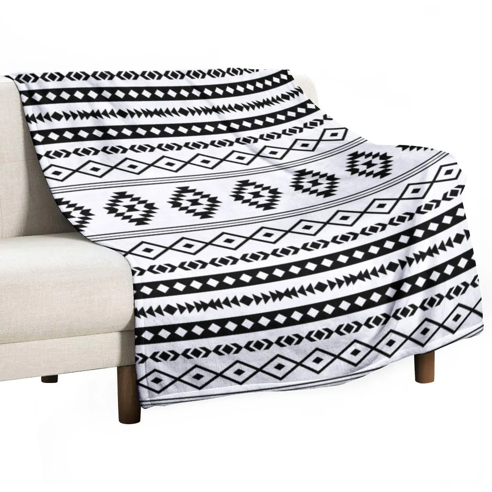 

Aztec Black on White Mixed Motifs Pattern Throw Blanket Travel Hair heavy to sleep Blankets