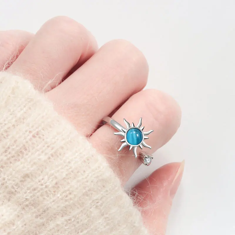 925 Silver Open Spinning Finger Ring Stress Relief Calming Sun Moon Wind Snow For Women Girl Jewelry Gift Dropship Wholesale