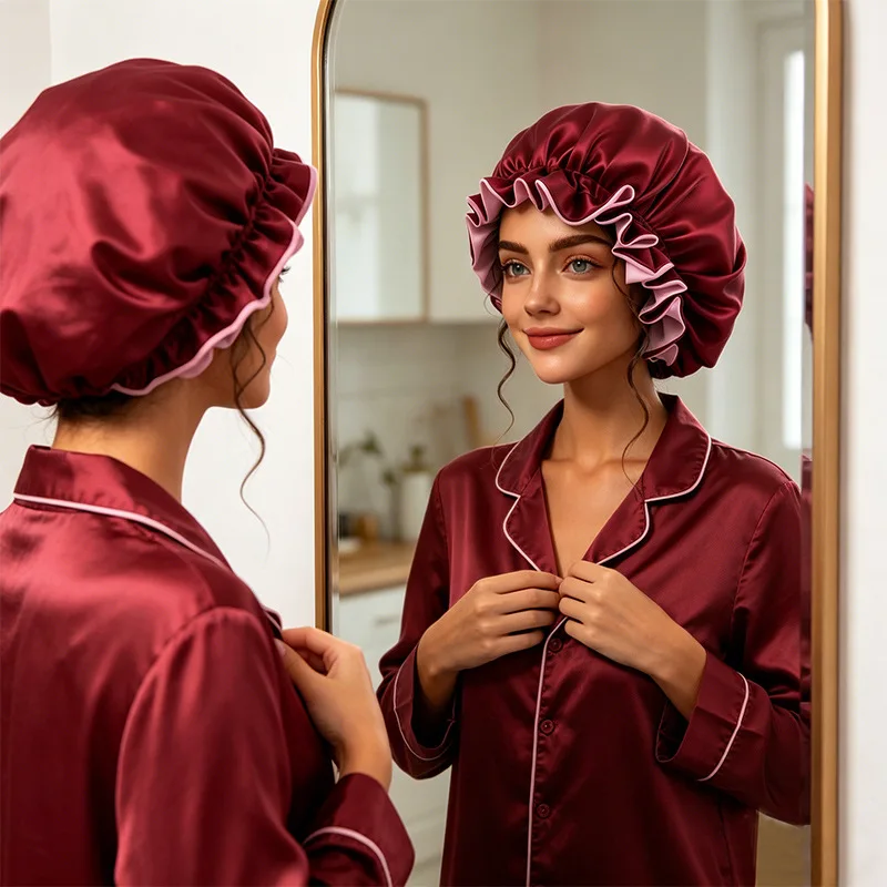 1pc Two Tone Satin Hat Silk Bonnet for Sleeping Satin Bonnets Double Layer Reversible Hair Cap Bonnet for Women Long Curly Braid