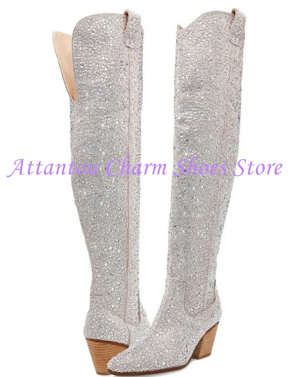 

Новые женские высокие сапоги на массивном каблуке с кристаллами, модные дизайнерские сапоги выше колена со стразами, женские пикантные банкетные модельные туфли для вечеринок