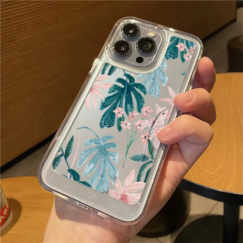 Art Leaf Flower Wash Painting Clear Case For Iphone 11 12 13 14 15 Pro Max Space Shell 15 Plus X XS Max Acrylic Shockproof Cover