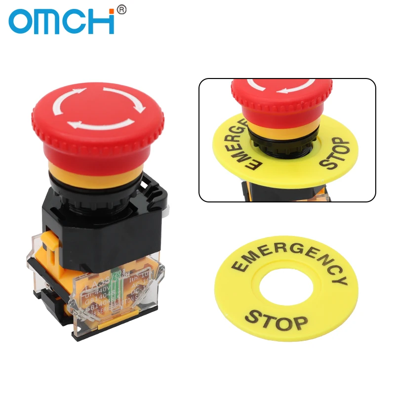 OMCH 1PCS 22mm LA38-11ZS Self-Locking Emergency Stop Switch Button 1NO 1NC Mushroom Head Switch Self-recovery Self-Locking