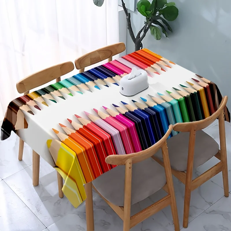 One tablecloth, a colorful tablecloth with pencil patterns in various colors, square-shaped tablecloth