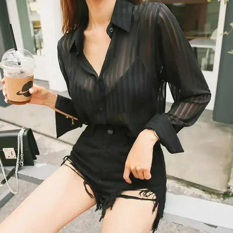 

Clothing Striped Top for Woman Sexy See-through Women's Shirts and Blouses Silk Transparent Black Satin Cool New 2023 Youthful M