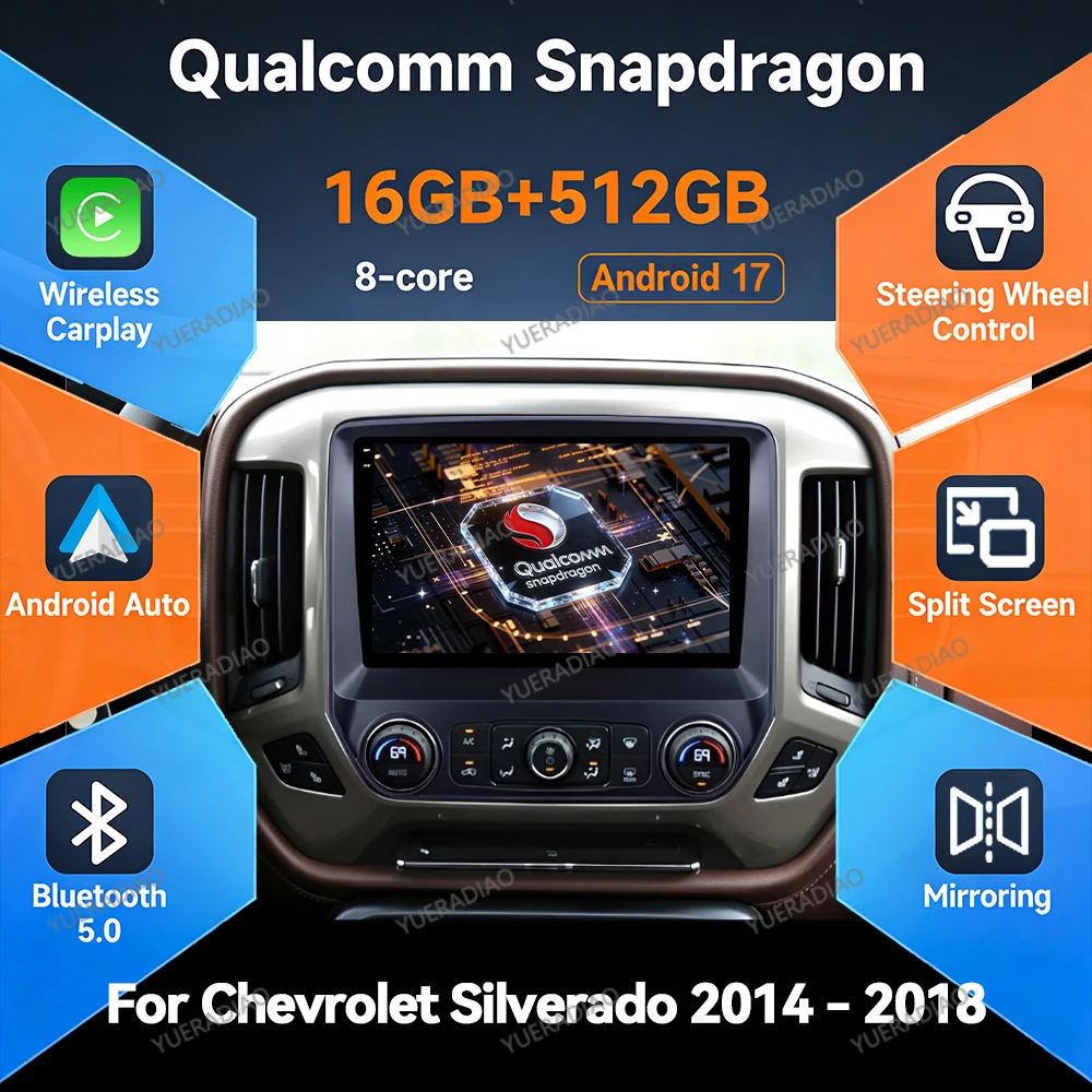 Android 17 Car Radio For Chevrolet Silverado 3 GMTK2 2013 2014 2015 - 2019 BT Head Unit Multimedia Video Player QLED Qualcomm
