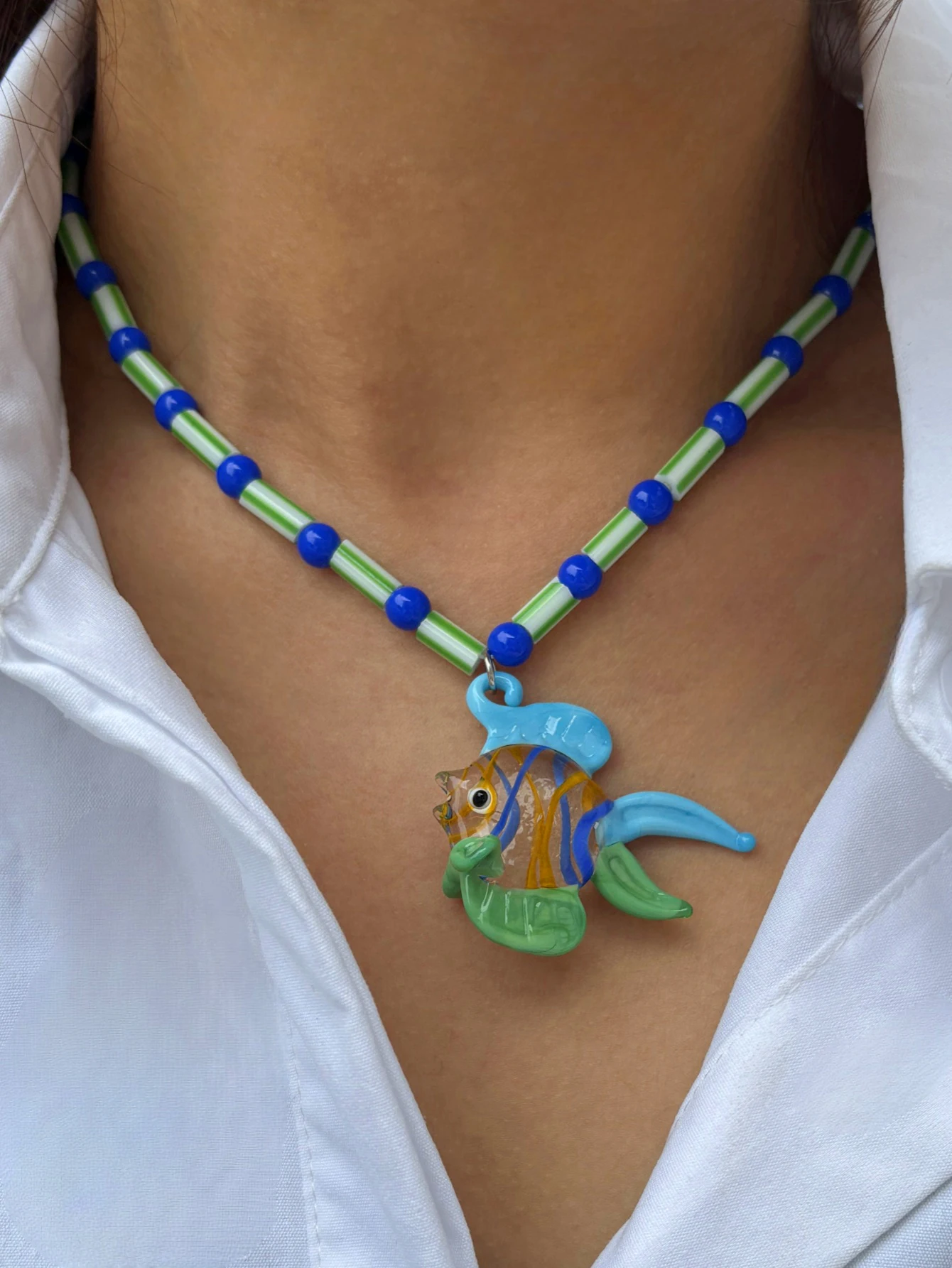 Bohemian trendy green fish pendant for women's necklaces, seaside vacation party accessories