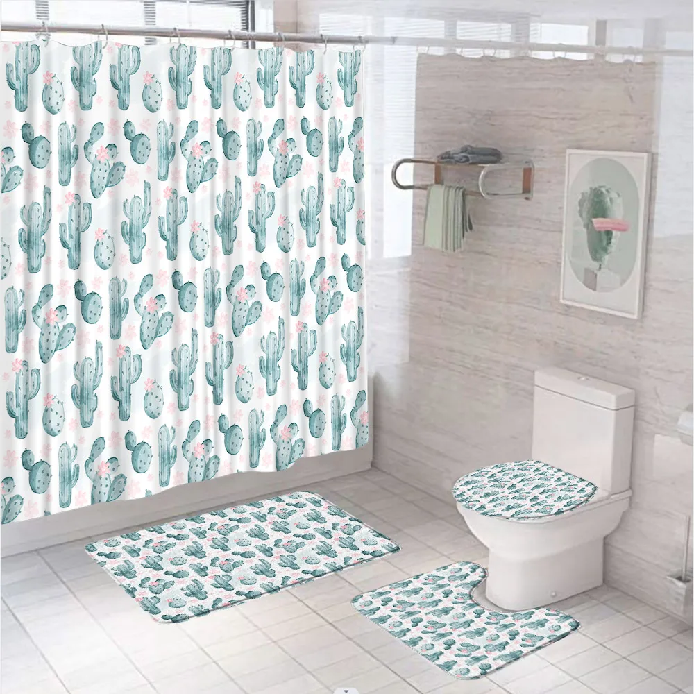 

Watercolor Saguaro Cactus Shower Curtain Set Green Plant Floral Succulent Bathroom Curtains Carpet Rug Bath Mat Toilet Lid Cover