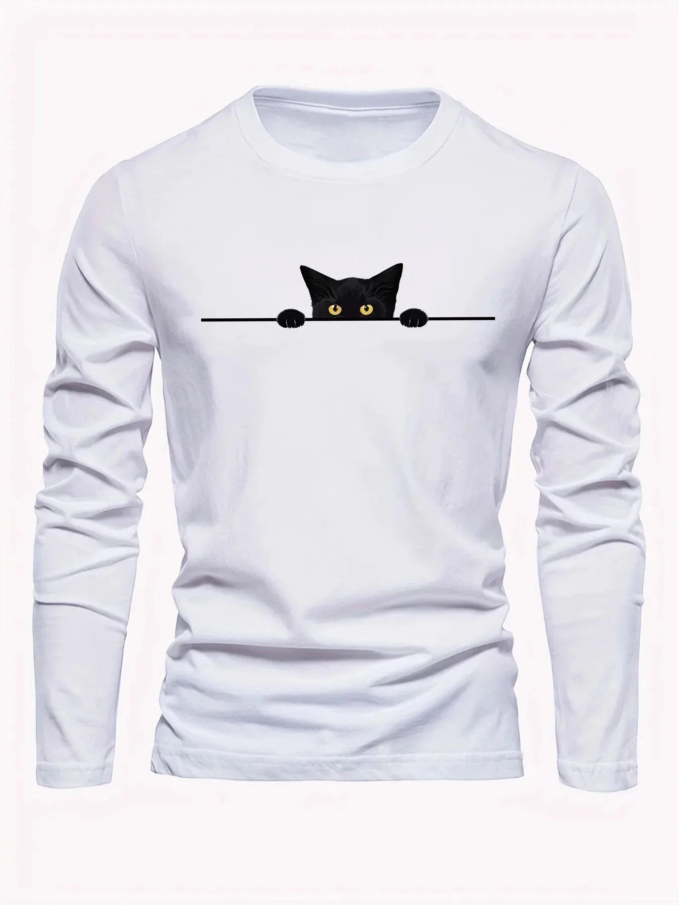 New men's long-sleeved T-shirt for Spring and Autumn 2025 featuring street fashion and comfort with 3D kitten pattern printing