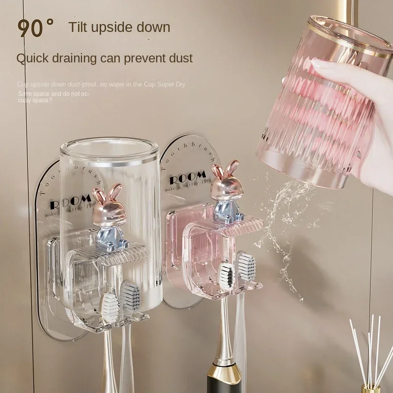 Cute Rabbit Toothbrush Rack Holder No Punching Transparent Mouthwash Cup Electric Toothbrush Cup Hanger Bathroom Set Organizer