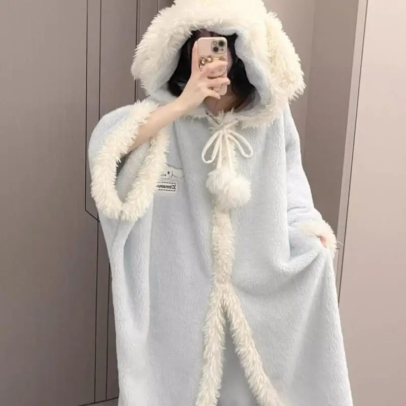 

Sanrio Cinnamoroll Coral Girl Winter Sleepwear Pajamas Fleece Lined Thick Hooded Cape New Style Home Loungewear For Women Warm