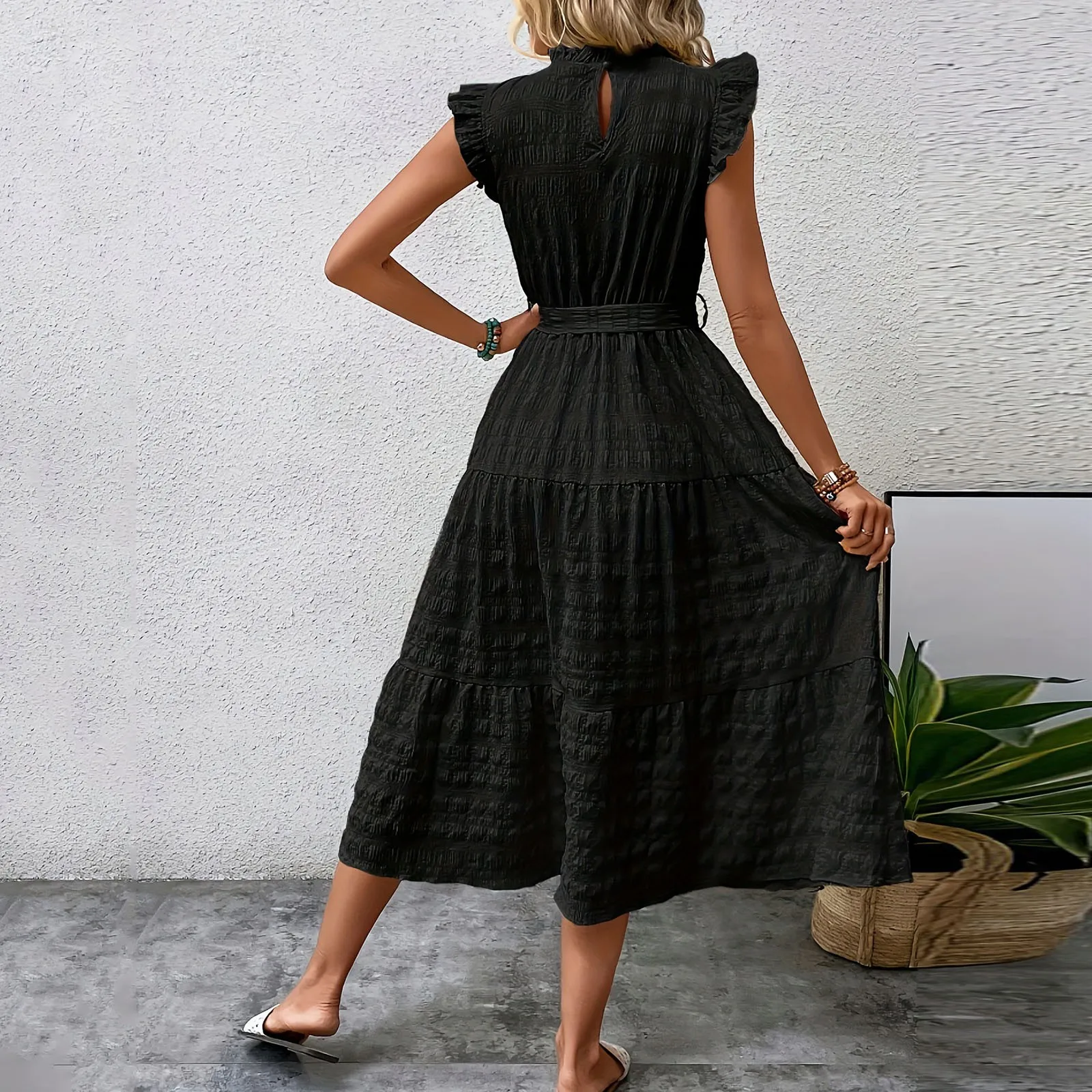 Frauen neue Sommer mode Ohr kante fliegende Ärmel schnüren Textur Kleid Holz Ohr besatz ärmellose Frauen Midi Kleid Vestidos