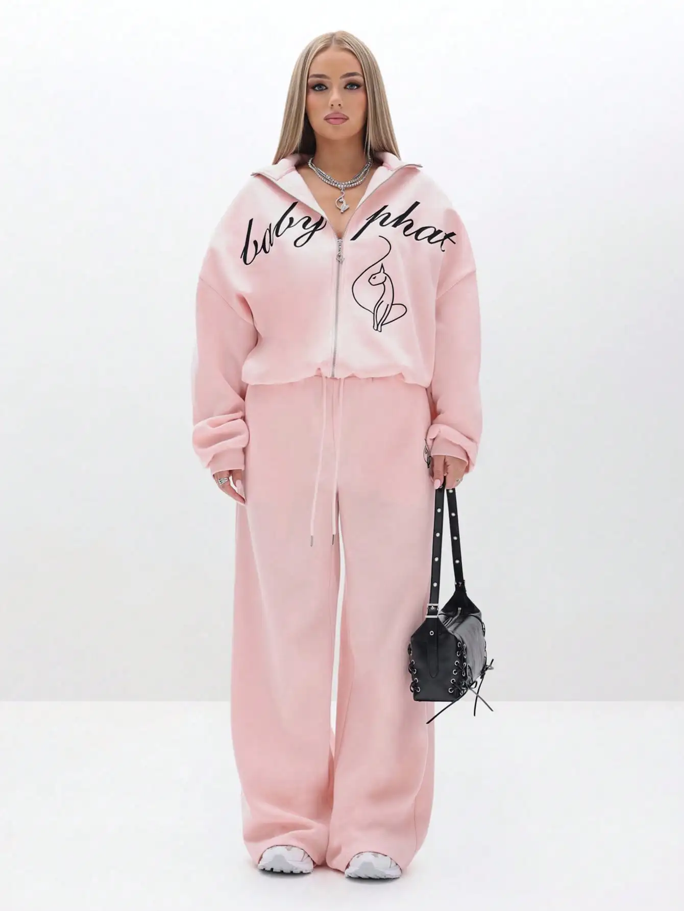 Sudadera con Capucha Extra Grande Rosa BABYPHAT con Estampado de Letras y Silueta de Gato, Ropa de Calle Informal de Invierno