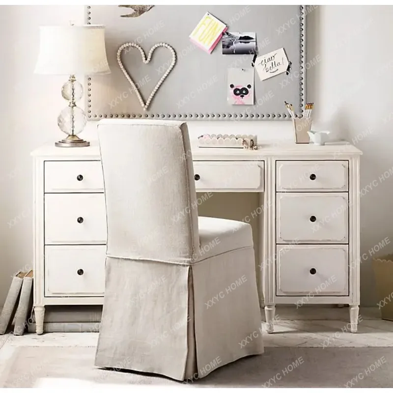 XX Antique Style Study  Solid Wood Computer Desk Writing Desk Oak Weathered White  Style Simple Office Desk