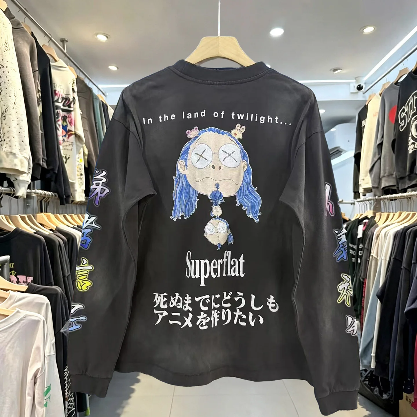 Retro American Magic Girl Double-Sided Cartoon Print Long-Sleeve T-Shirt Unisex Washed Shoulder-Down Top Loose Fit round Neck