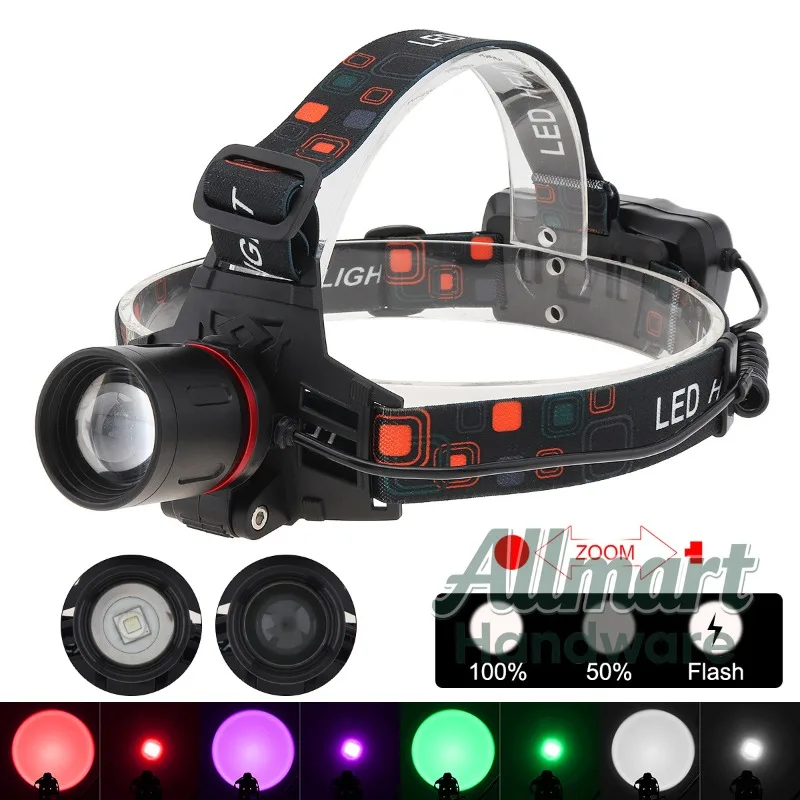 Waterproof charging hunting headlight USB cable with variable zoom, brightest LED headlight green, red, purple,white night light