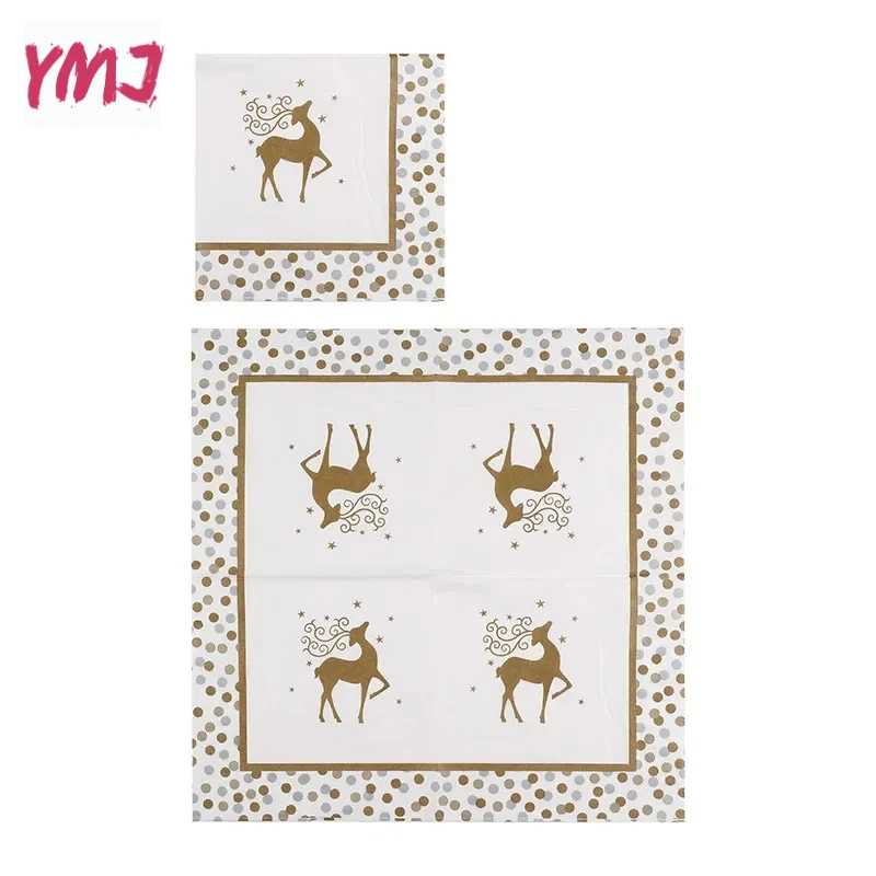 Christmas Napkins Golden Elk Gold Trimmed Polka Dot Printed White Paper Placemats Ambient Decorative Paper 2-Ply 10/20pcs 33cm