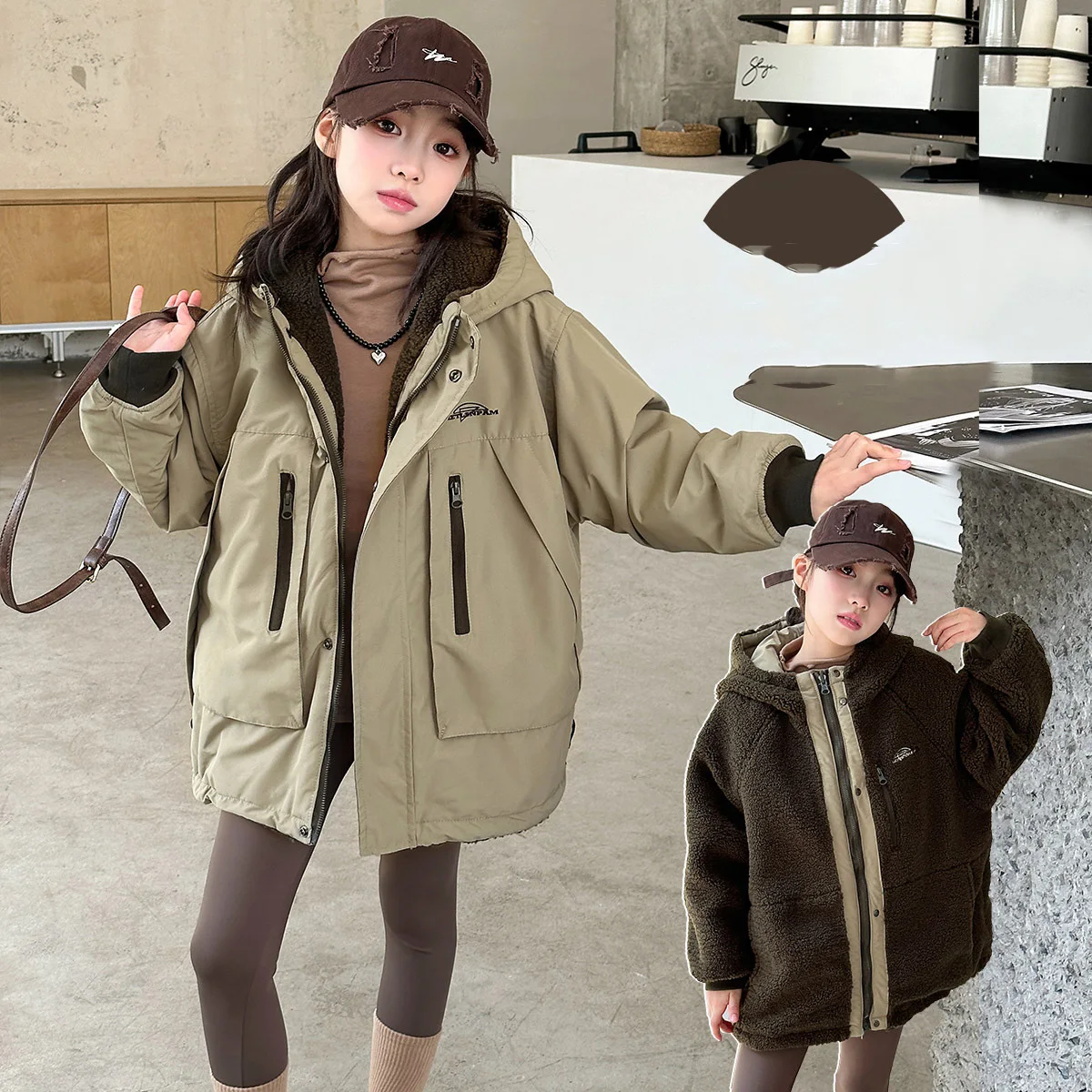 2024 Winter Reversible Children Girls Jackets Polar Fleece Warm Toddler Kid Girl Jacket Loose Plus Velvet Baby Girl Hooded Coats