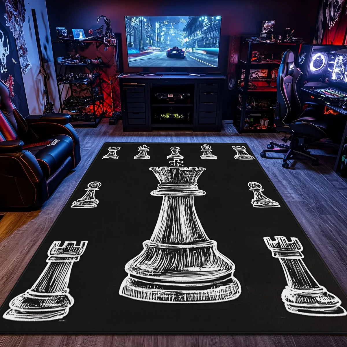 Chess Pieces Design Black White Crystal Velvet Rug Gamer Room Decor Strategy Game Theme Floor Mat Anti Slip Soft Carpet for Home