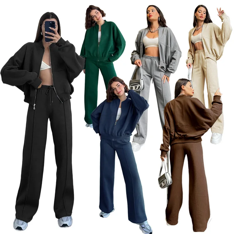 

Straight Pant Sets Long Sleeve Zipper Cardigan Stand Collar Sweatshirts High Waist Ankle Length Pants Loose Solid Basics