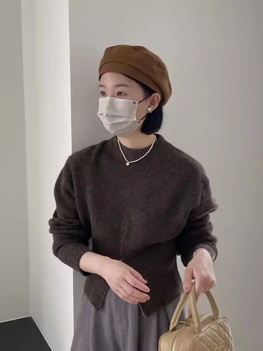 ハイエンドジッパーニットまたはラウンドネックセーター女性のルーズスリミングベースirtトップ2023年秋冬新作sle