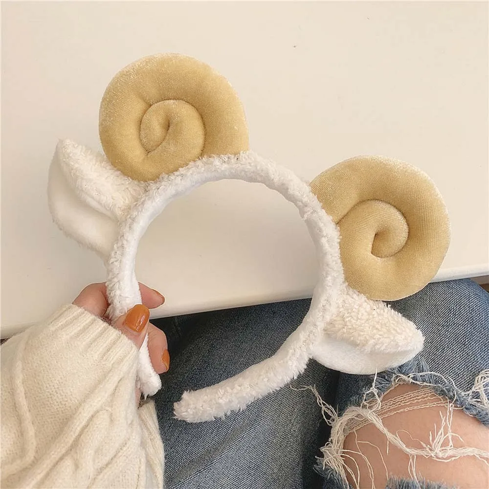 Cute Sheep Horn Lamb Ear Soft Fleece Women Headband Makeup Head Hair Band for Wash Face Shower Hair Accessories