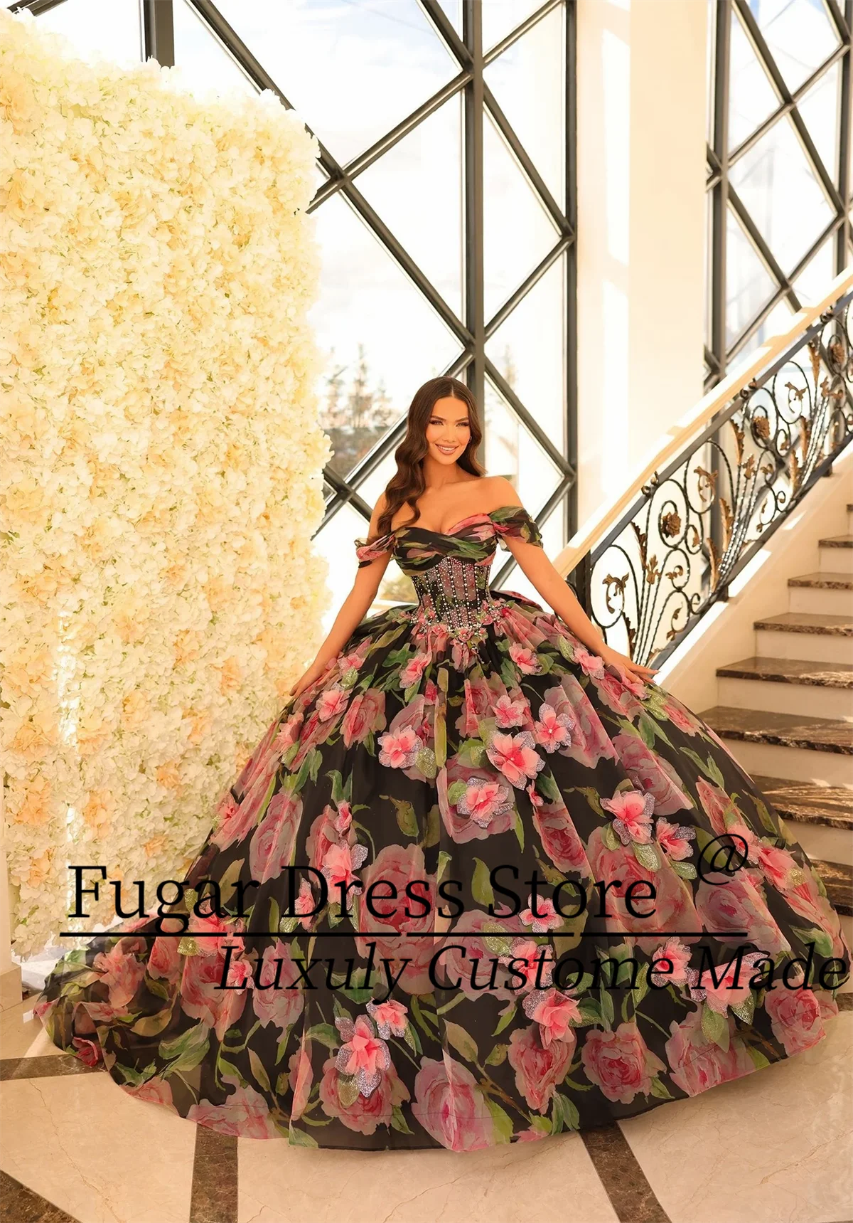 Fashion Rose Floral Print Off Shoulder Quinceanera Dresses Birthday Party Prom Princess Ball Gown Vestidos De 15 Anos Corset