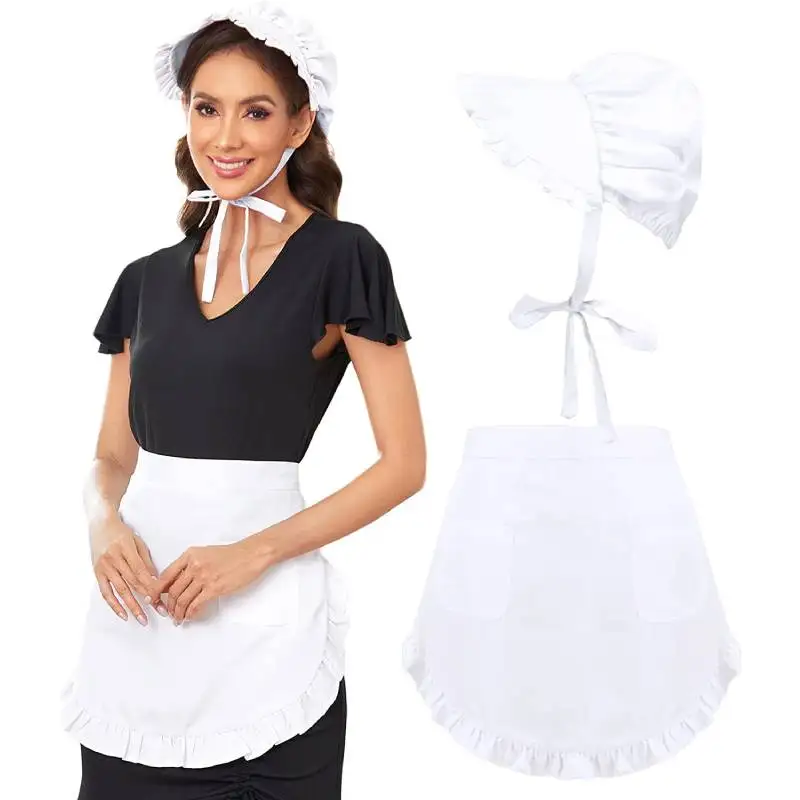 

DAZCOS Medieval Maid Apron Bonnet Set 2PCS Colonial Pioneer Cap Cosplay Costume Accessories Vintage Maid MOP Headpiece