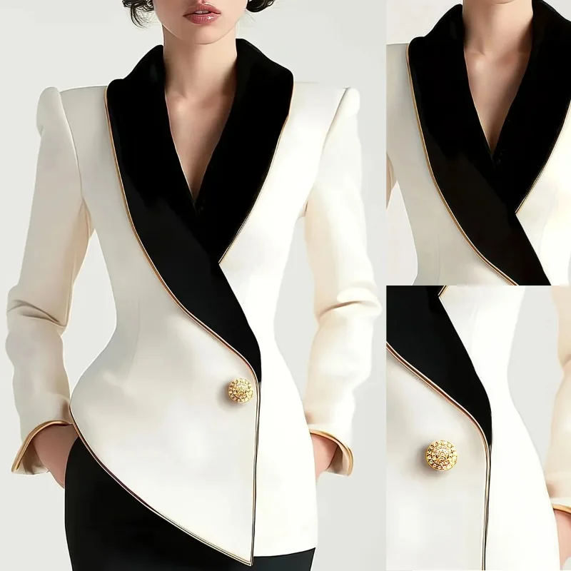 

Women Blazer Jacket Elegant Asymmetrical White Blazer with Black Contrast Lapels Long Sleeves Slim Blazers Women's Outerwear