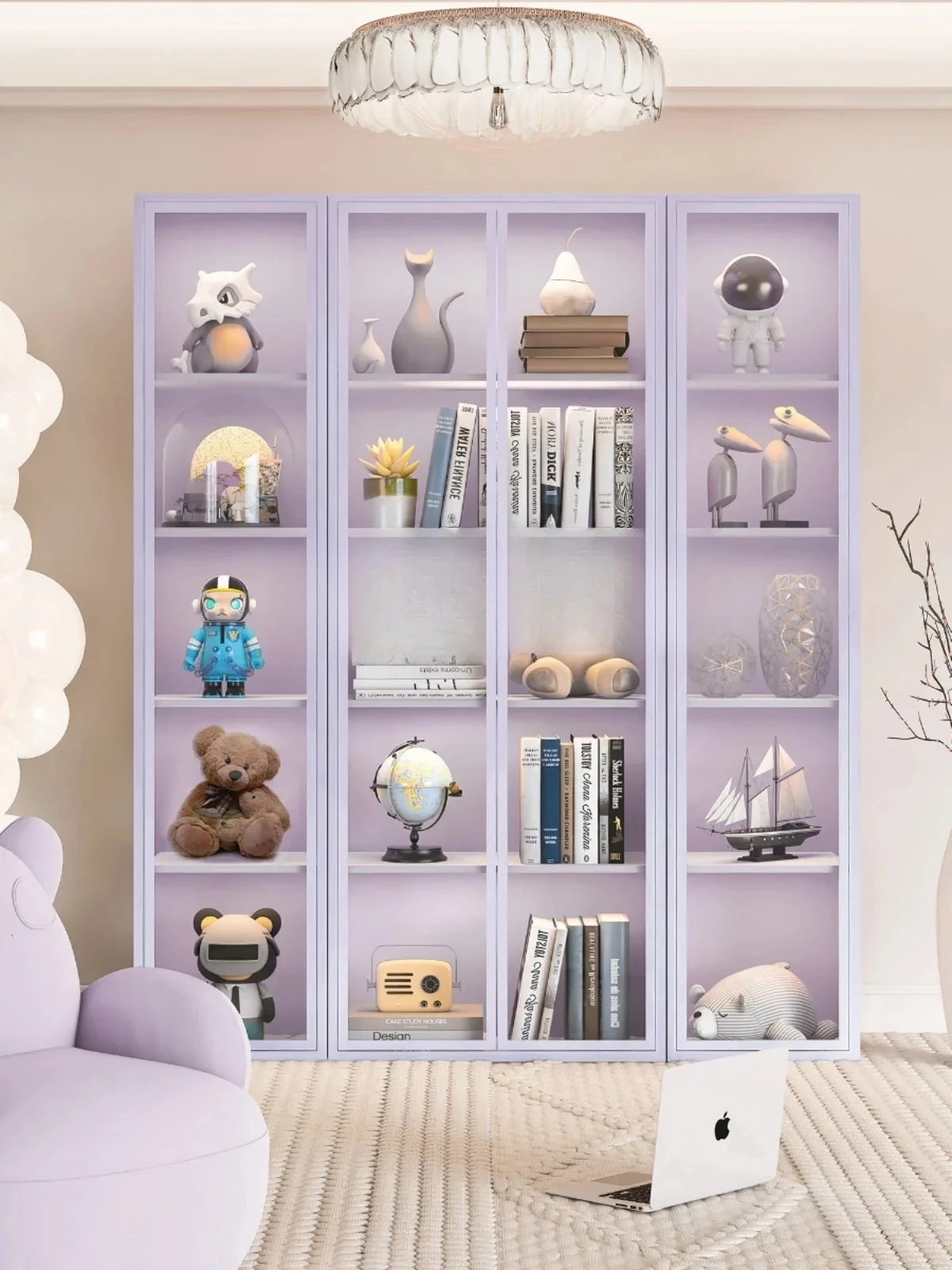 S Cream Style Bookcase Glass Door Dust-Proof Bookshelf Iron Storage Cabinet