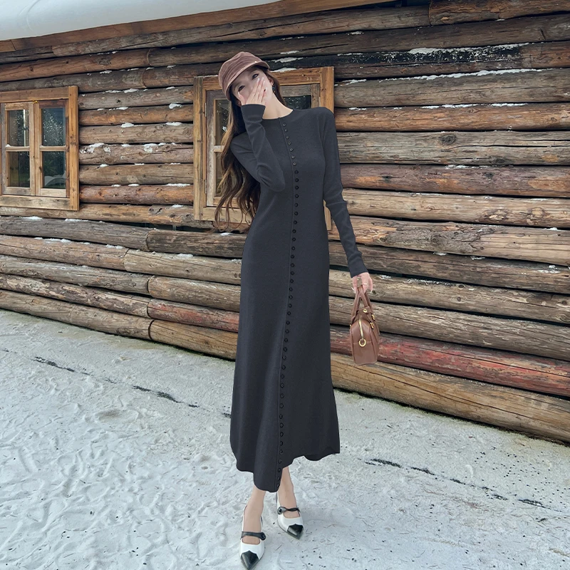 한국 우아한 니트 롱 맥시 드레스 여성 2026 봄 긴 소매 싱글 브레스티드 드레스 슬림 클래식 여성 의류