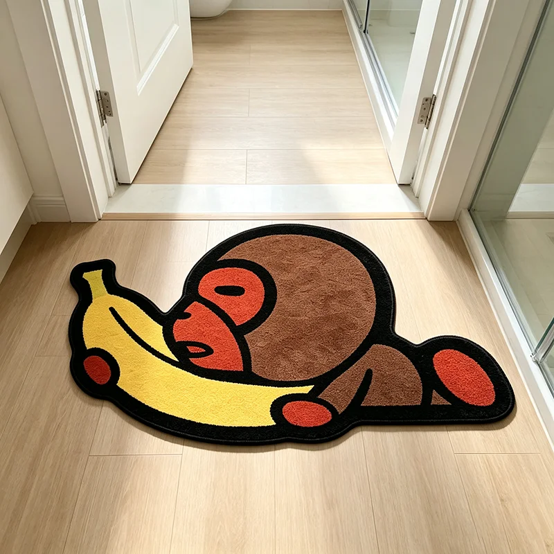 Cute Cartoon Monkey Hugging Banana Shaped Rug Fun Unique Entrance Plush Floor Mat Living Room Bedroom Bedside Decorative Carpet