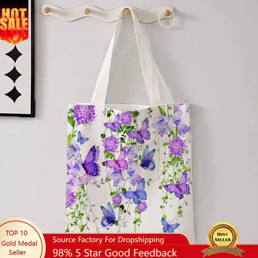 Butterfly Floral Reusable Bag Colorful Weed Pattern Shopping Travel Large Shoulder Bag Foldable Utility Tote Bags