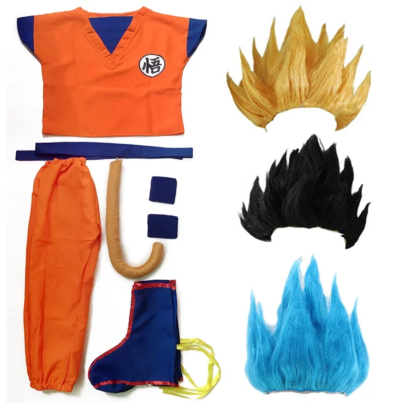 Disfraces de Halloween para niños y adultos, traje de Goku, Top, pantalón, cinturón, cola, peluca para fiesta, 2024