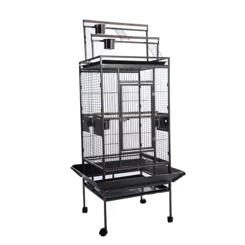 68 Inch Parrot Pet Big Bird Cage, Large Space 6 Feeders Bird Breeding Cage, Black Metal Iron 4 Wheels Macaw Bird Cage