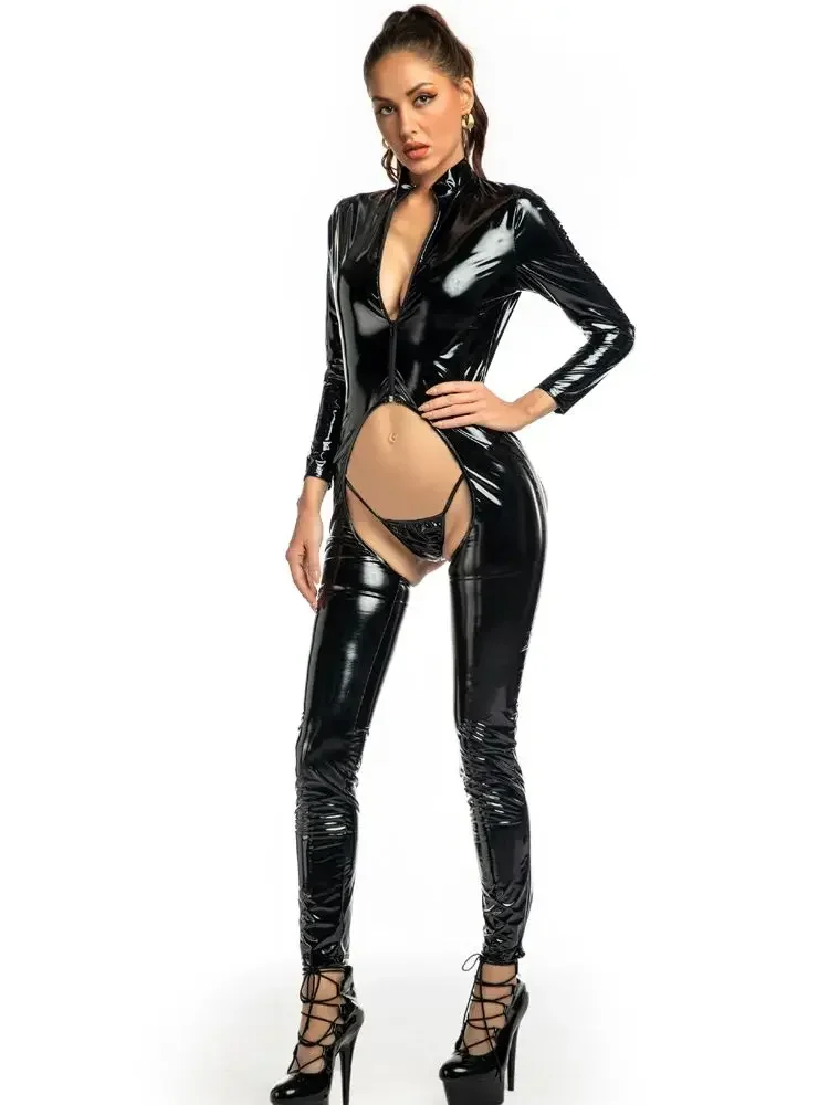Кружевной бандажный комбинезон из ПВХ с мокрым эффектом, блестящая искусственная кожа, боди с открытой промежностью, облегающий костюм для косплея, сексуальная клубная одежда, купальник