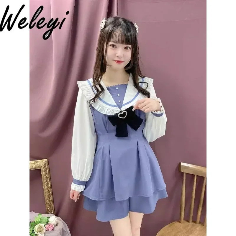 

Kawaii Rojita Women's Shorts Suit Japanese Autumn New Show Two Dimensional Cute Corset Sailor Collar Shirt Coat Two Piece Pants